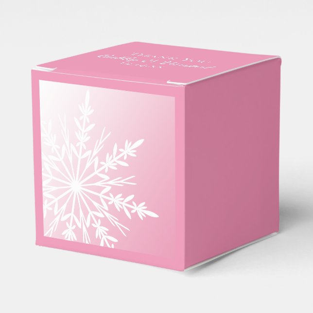 White Snowflake on Pink Winter Wedding Favor Box (Front Side)