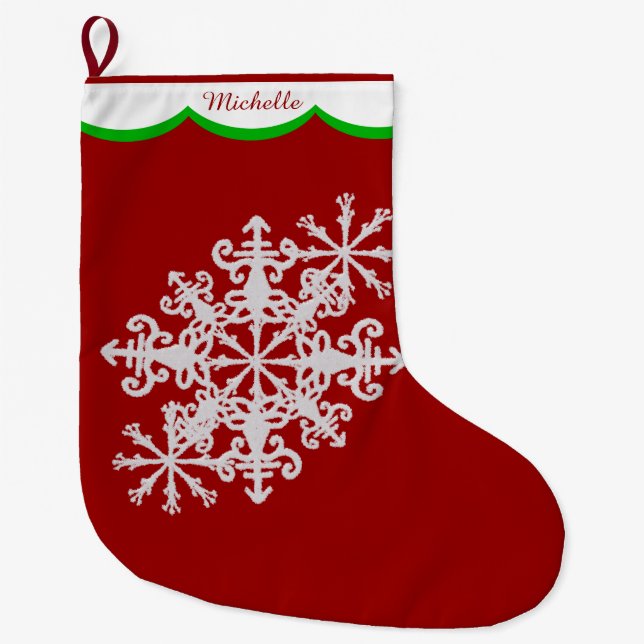 White Snowflake on Red Personalized Large Christmas Stocking (Front)