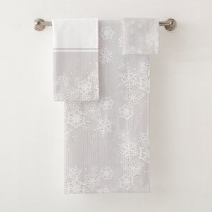 White Snowflake on Silver Winter Season  Bath Towel Set