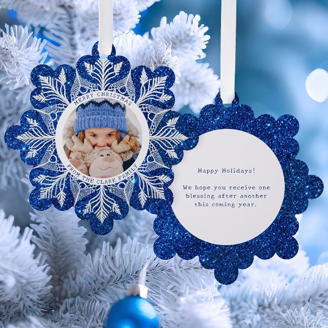 White Snowflake on Sparkly Blue Faux Glitter Photo Ornament Card (Creator Uploaded)