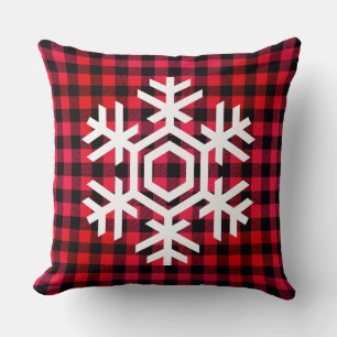White Snowflake on warm red tartan pattern  Throw Pillow