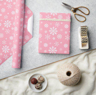 White Snowflake Pattern On Pink Background Colour Wrapping Paper