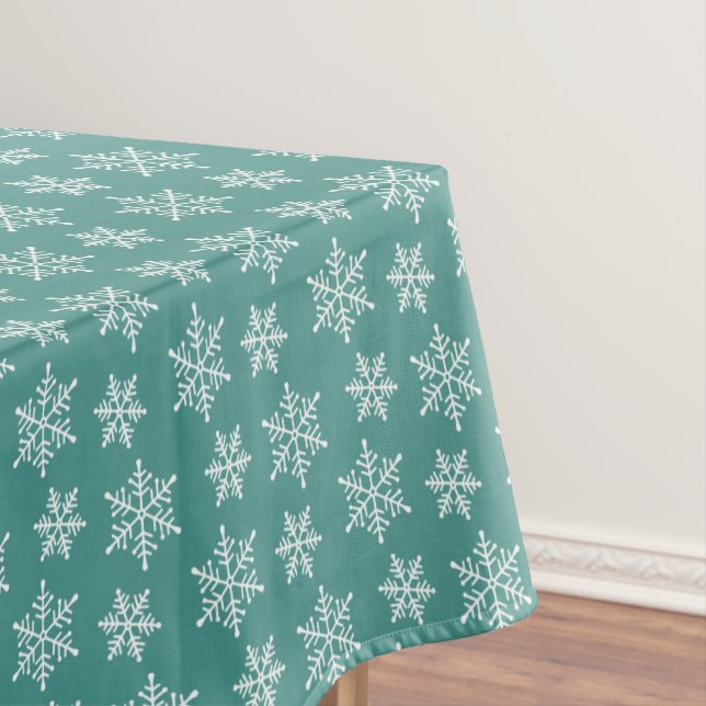 White Snowflake Pattern on Teal Tablecloth (In Situ)
