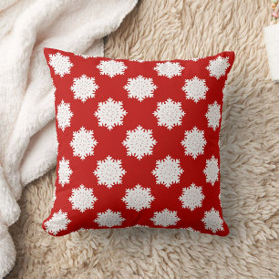 White Snowflake Pattern Red Throw Pillow