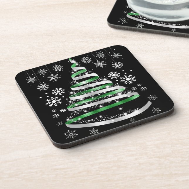 White Snowflake Silver Green Ribbon Christmas Tree Coaster (Left Side)