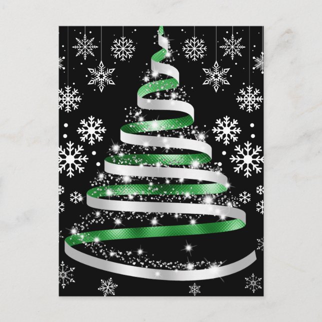 White Snowflake Silver Green Ribbon Christmas Tree Postcard (Front)