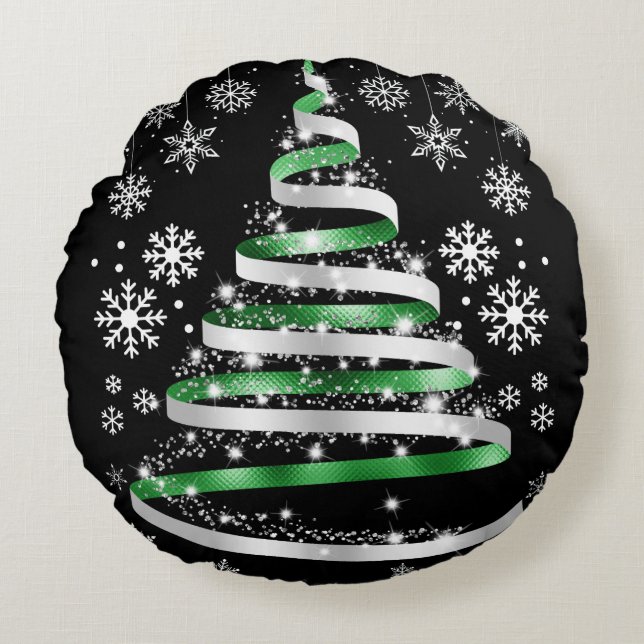 White Snowflake Silver Green Ribbon Christmas Tree Round Pillow (Front)