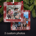 White snowflakes 2 family photo personalized red metal ornament<br><div class="desc">Rustic elegant winter snow red and white family keepsake tree ornament template with falling snowflakes frame.                       Easy to personalize with your 2 custom photos,  text script,  family name and year!</div>