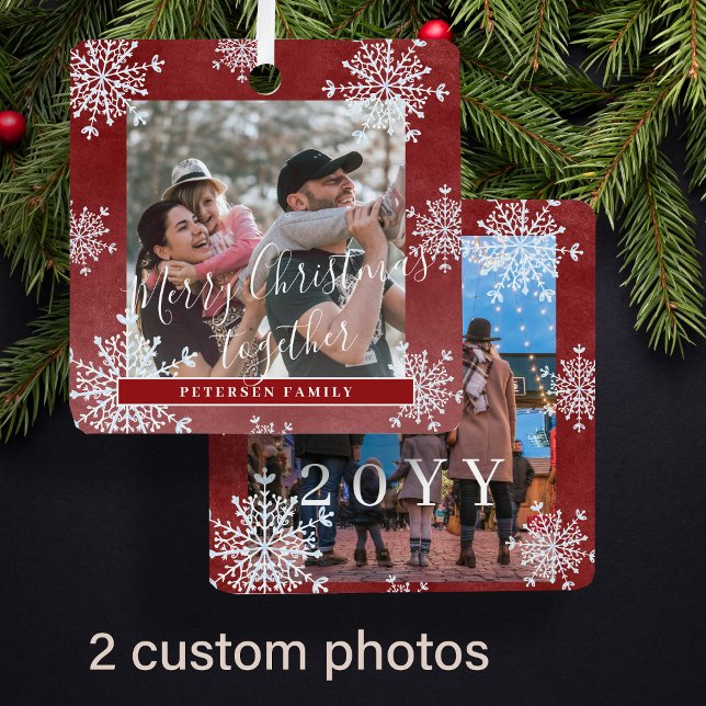 White snowflakes 2 family photo personalized red metal ornament (Creator Uploaded)