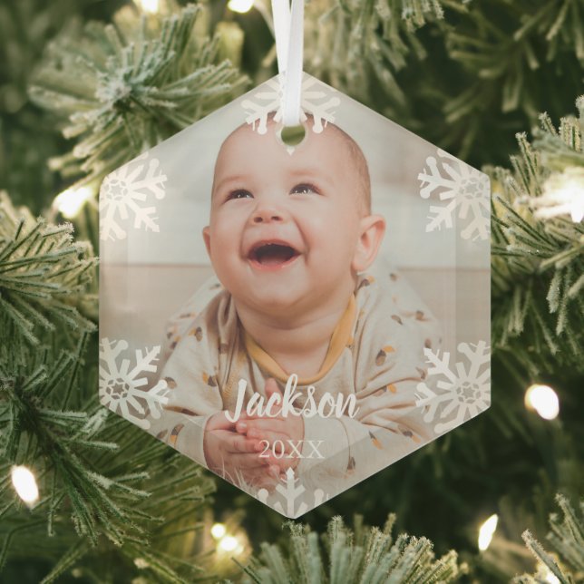 White Snowflakes Baby Photo Glass Ornament (Insitu)