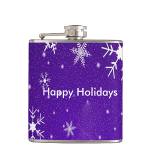 White Snowflakes Blue Backgrd Vinyl Wrapped Flask