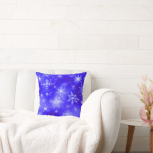 White Snowflakes Blue Throw Pillow