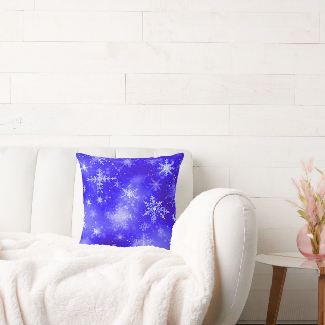 White Snowflakes Blue Throw Pillow (Couch)