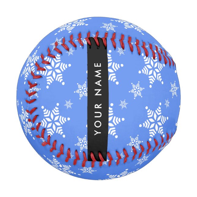 White Snowflakes, Blue, Your name, Personalize Baseball (Front Left)
