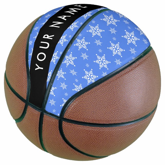 White Snowflakes, Blue, Your name, Personalize Basketball (Angled)