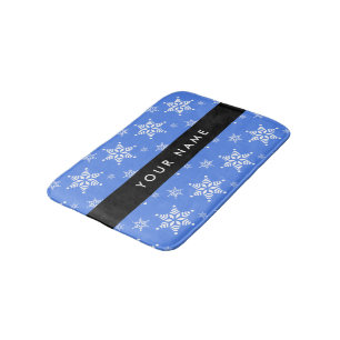 White Snowflakes, Blue, Your name, Personalize Bath Mat