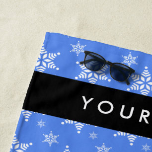 White Snowflakes, Blue, Your name, Personalize Beach Towel
