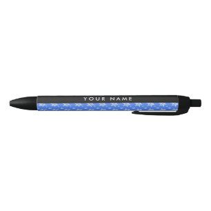 White Snowflakes, Blue, Your name, Personalize Black Ink Pen