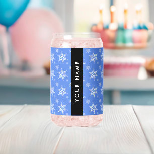 White Snowflakes, Blue, Your name, Personalize Can Glass