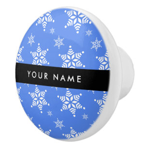 White Snowflakes, Blue, Your name, Personalize Ceramic Knob