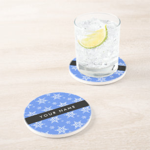 White Snowflakes, Blue, Your name, Personalize Coaster