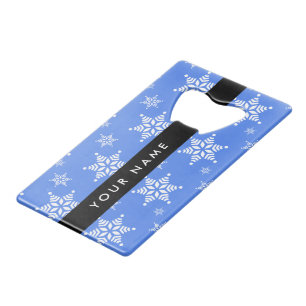 White Snowflakes, Blue, Your name, Personalize Credit Card Bottle Opener