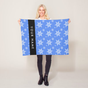White Snowflakes, Blue, Your name, Personalize Fleece Blanket