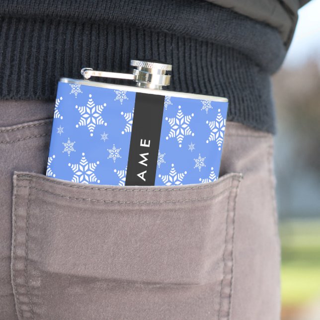 White Snowflakes, Blue, Your name, Personalize Hip Flask (In Situ)