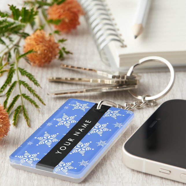 White Snowflakes, Blue, Your name, Personalize Keychain (Front Right)
