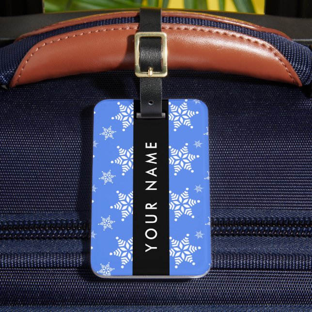 White Snowflakes, Blue, Your name, Personalize Luggage Tag (Front Insitu 2)