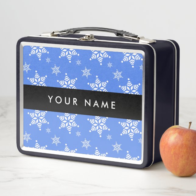 White Snowflakes, Blue, Your name, Personalize Metal Lunch Box (In Situ)