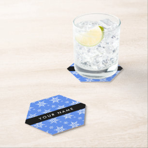 White Snowflakes, Blue, Your name, Personalize Paper Coaster