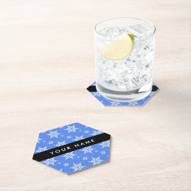 White Snowflakes, Blue, Your name, Personalize Paper Coaster (Insitu)