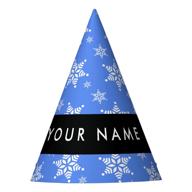 White Snowflakes, Blue, Your name, Personalize Party Hat (Front)