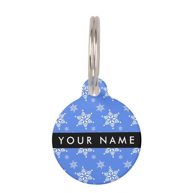 White Snowflakes, Blue, Your name, Personalize Pet Tag (Front)