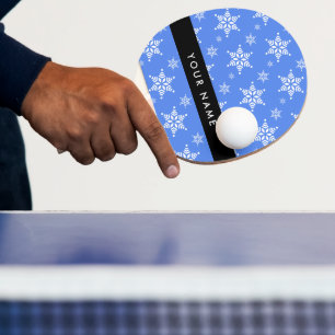 White Snowflakes, Blue, Your name, Personalize Ping Pong Paddle