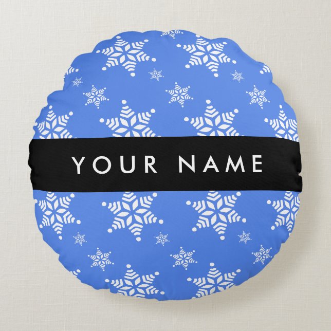 White Snowflakes, Blue, Your name, Personalize Round Pillow (Front)