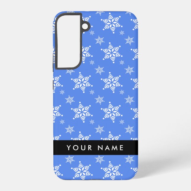 White Snowflakes, Blue, Your name, Personalize Samsung Galaxy S22+ Case (Back)
