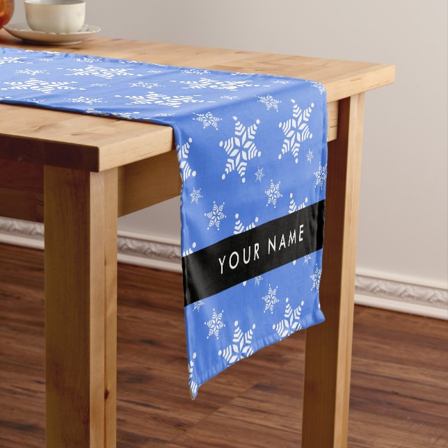 White Snowflakes, Blue, Your name, Personalize Short Table Runner (In Situ)