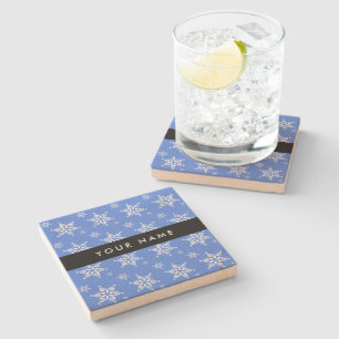 White Snowflakes, Blue, Your name, Personalize Stone Coaster