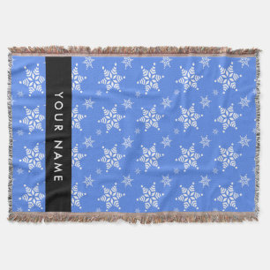 White Snowflakes, Blue, Your name, Personalize Throw Blanket