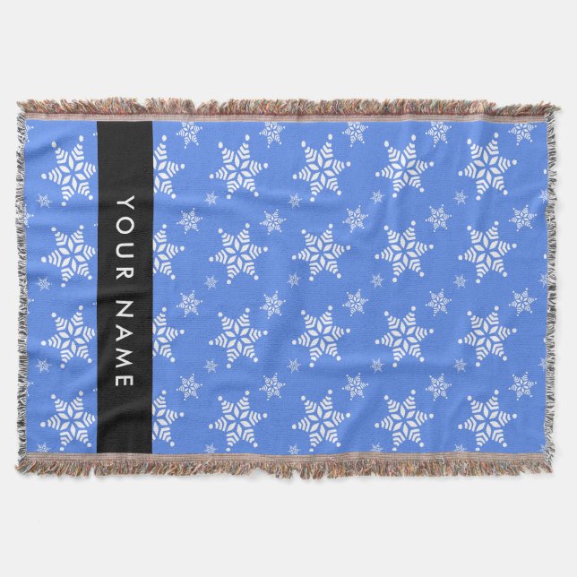 White Snowflakes, Blue, Your name, Personalize Throw Blanket (Front)