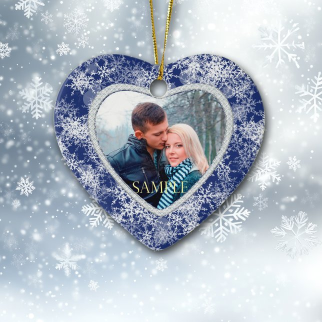 White Snowflakes Border on Blue Photo Template Ceramic Ornament (Creator Uploaded)