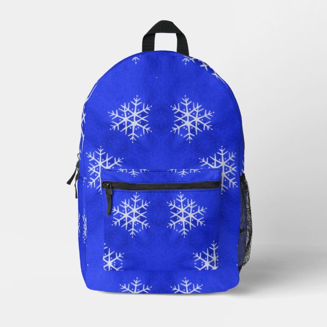 White Snowflakes Bright Blue Background Printed Backpack (Front)