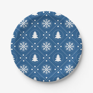 White Snowflakes Christmas Trees Blue Design Paper Plate