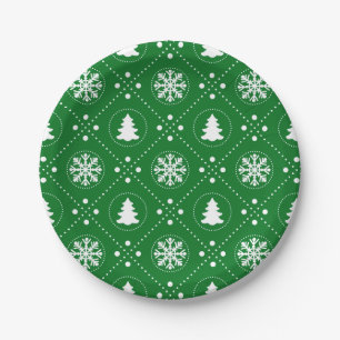 White Snowflakes Christmas Trees Green Design Paper Plate