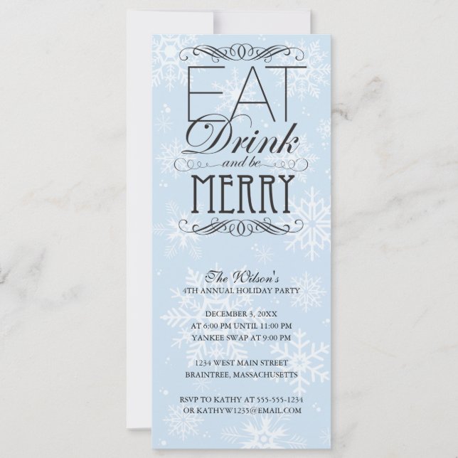 White Snowflakes - Eat Drink And Be Merry Invitation (Front)