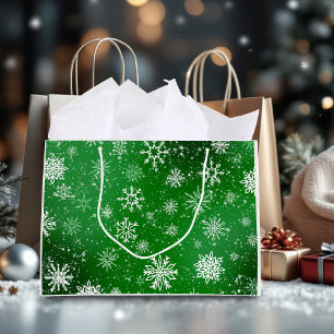 White Snowflakes Emerald Green Large Gift Bag