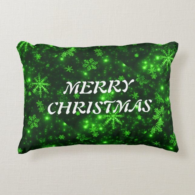 White Snowflakes Green Background Pillow (Front)