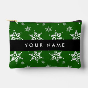 White Snowflakes, Green, Your name, Personalize Accessory Pouch